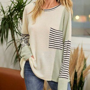 Waffle Knit Color Block Lightweight Pullover